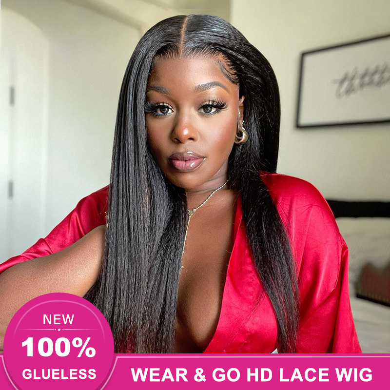 Wear and Go Glueless Wig Kinky Straight Lace Pre Cut 4x4 HD Lace Front Wigs Human Hair, Human Hair Lace Frontals for Women Glueless Wig with