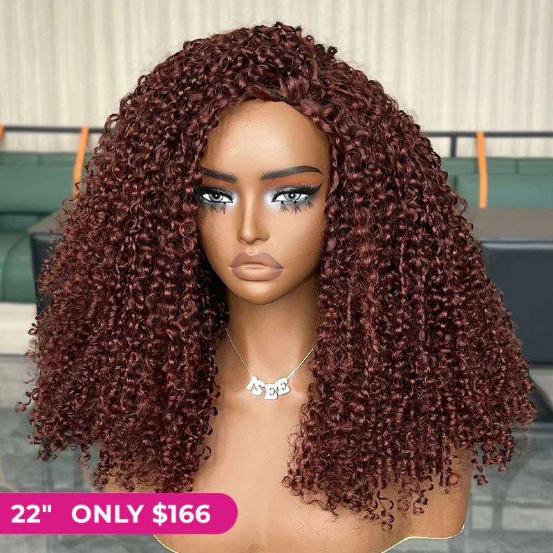 Reddish Brown Kinky Curly Half Wig Layered Curly Flip Over Wig