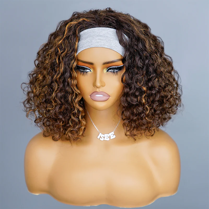 Ombre Highlight Brown Water Wave Invisible Hairline Half Wigs