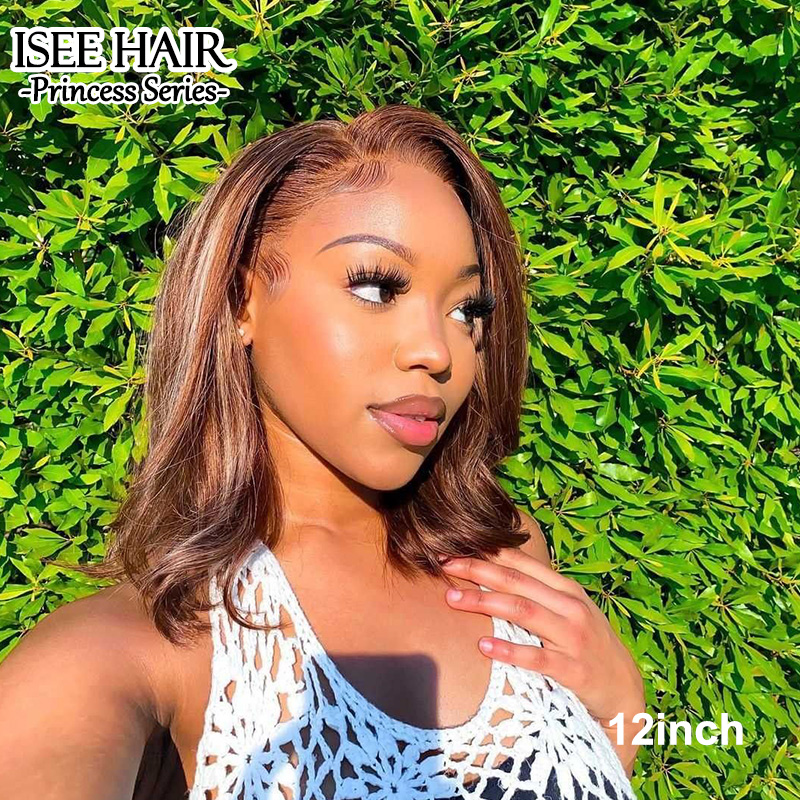 Highlight Straight Bob Lace Front Human Hair Wig Pre Plucked TL4/12# Piano Color Ombre Wigs | ISEE HAIR