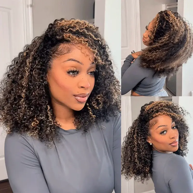 highlight brown kinky curly half wig