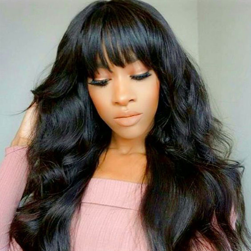 Body Wave Glueless Wig with Bangs Human Hair Machine Made Sew In Wig