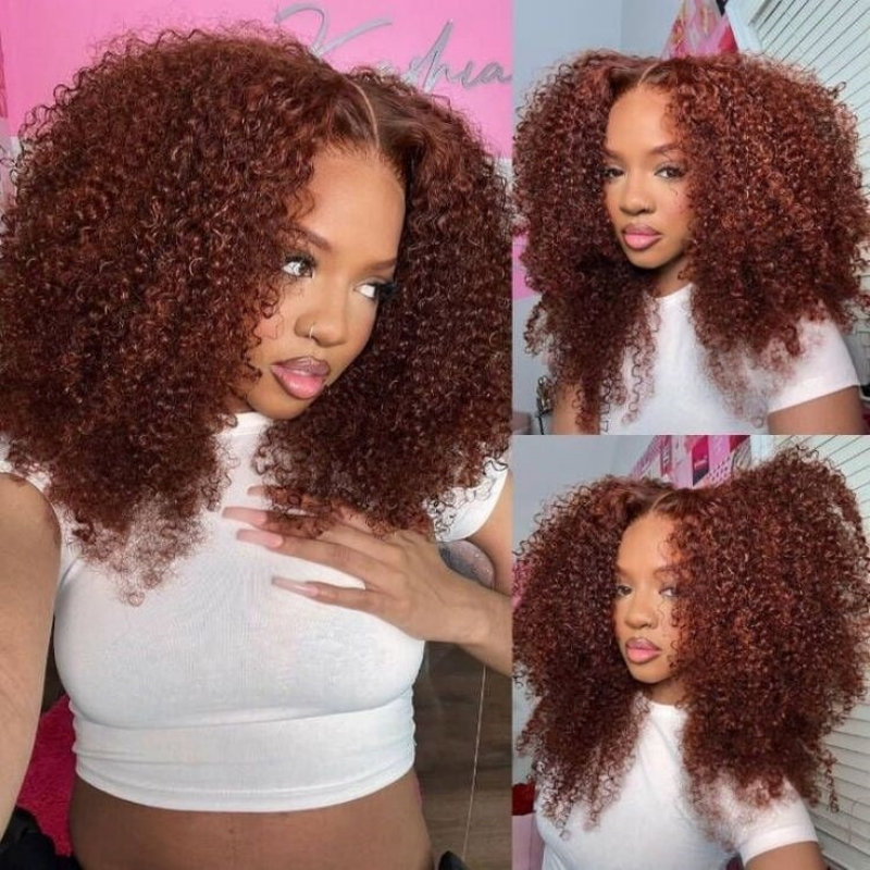 ISEE Kinky Curly Reddish Brown Glueless Wig Pre Cut Lace Wear Go Wig