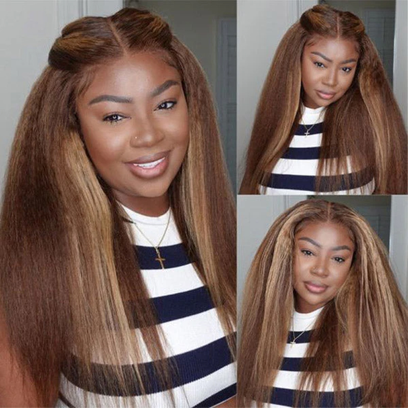 ISEE Highlight Brown Color Glueless Wig Wear Go Kinky Straight Preplucked Transparent Lace Closure Wig