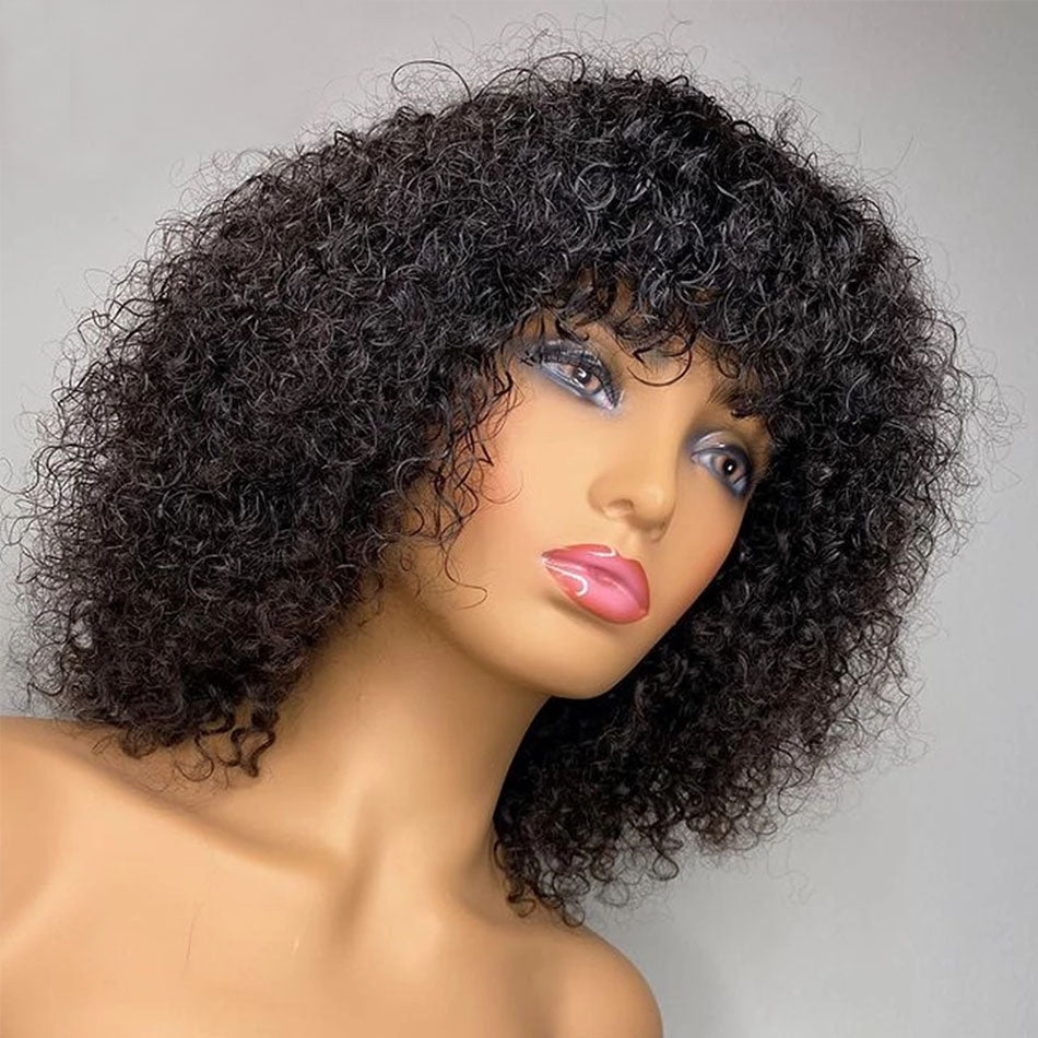 Bob Weave Wig with Bangs Short Kinky Curly Human Hair Fringe Wig Glueless