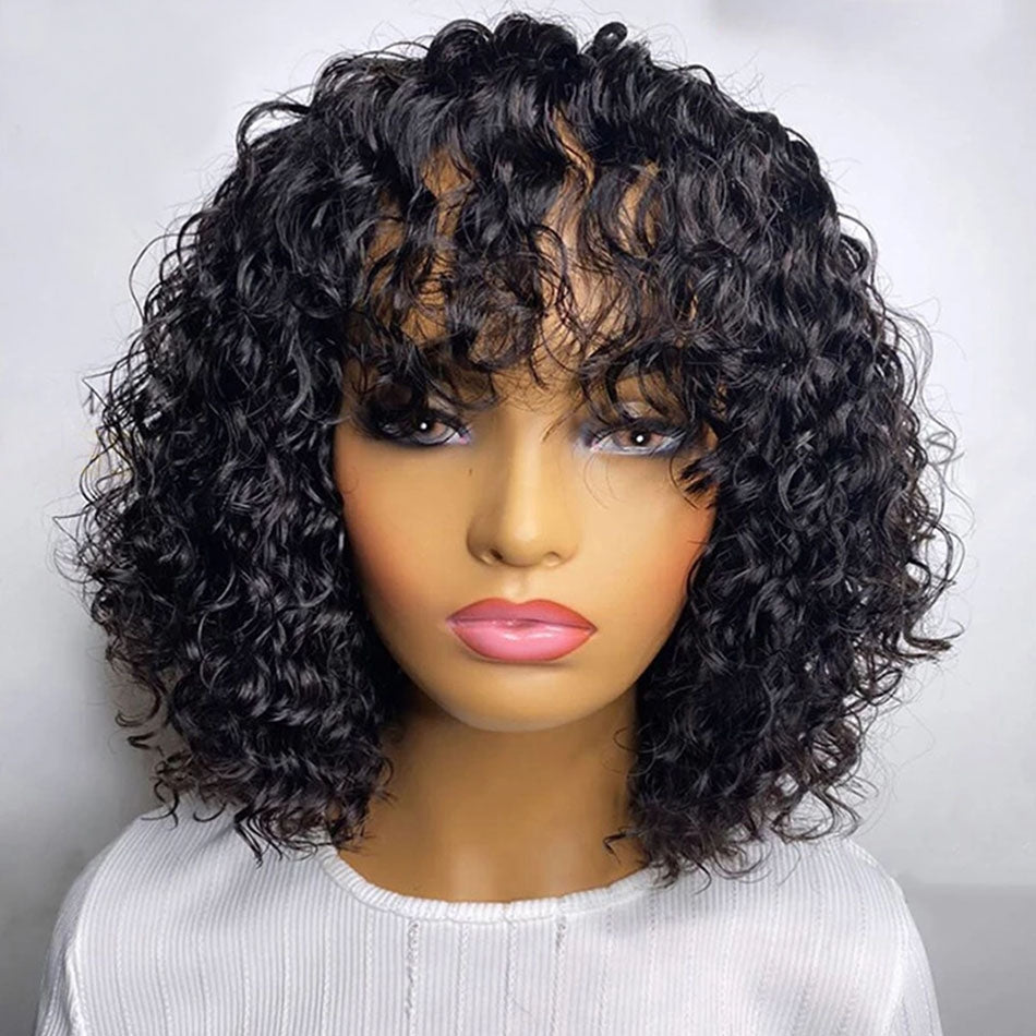 ISEE Short Water Wave Human Hair Fringe Wig Glueless Bob Weave Wig with Bangs