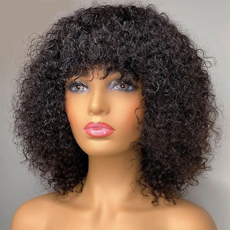 Bob Weave Wig with Bangs Short Kinky Curly Human Hair Fringe Wig Glueless