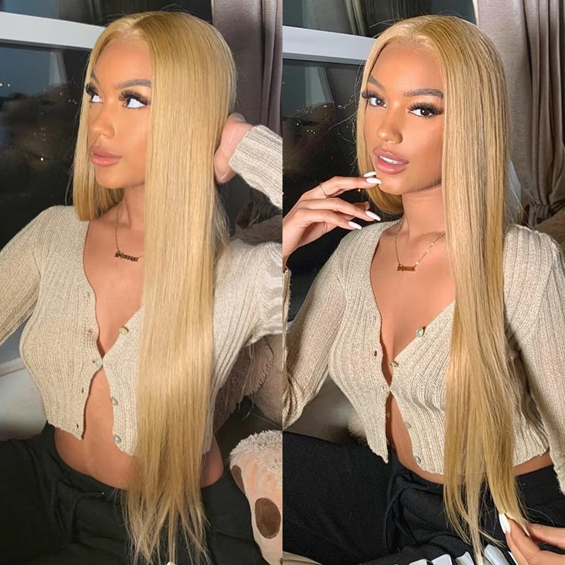 Ready To Wear Wigs Honey Blonde #27 Color Wigs Silky Straight Pre-Cut Glueless Lace Wig