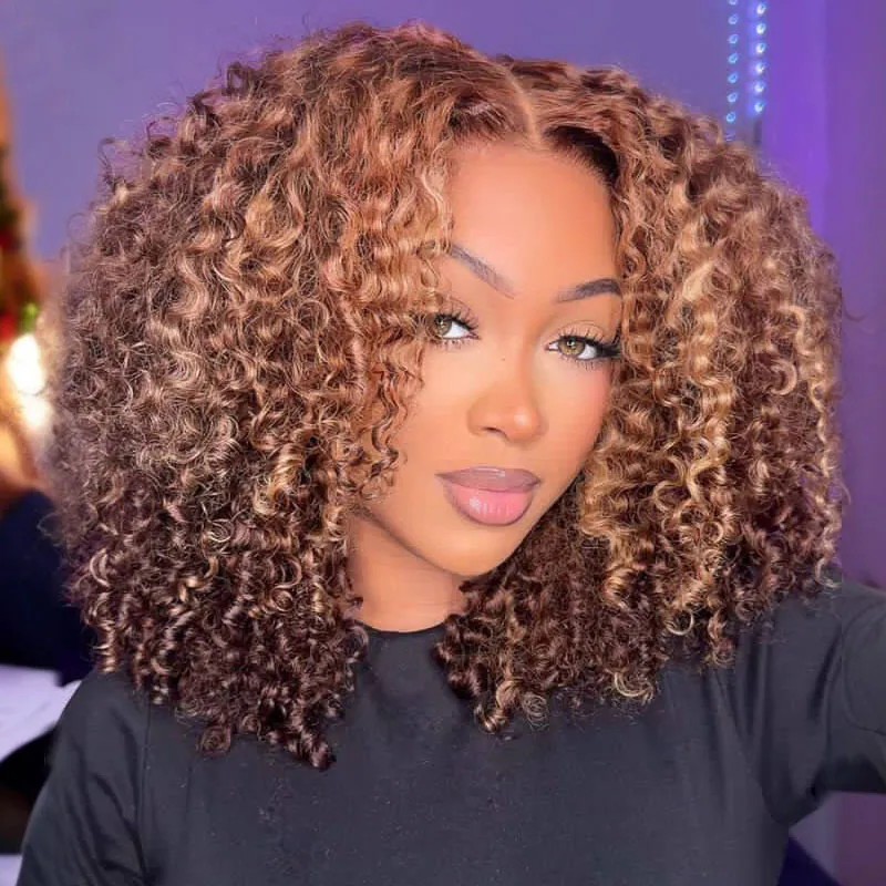 Ready To Wear Go Highlight Brown Color Kinky Curly Glueless Wig