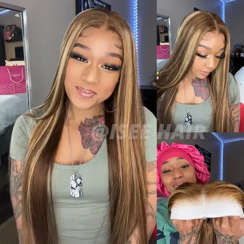 ISEE HAIR Wear Go Highlight Brown Wigs Silky Straight Pre-plucked Glueless Lace Wigs