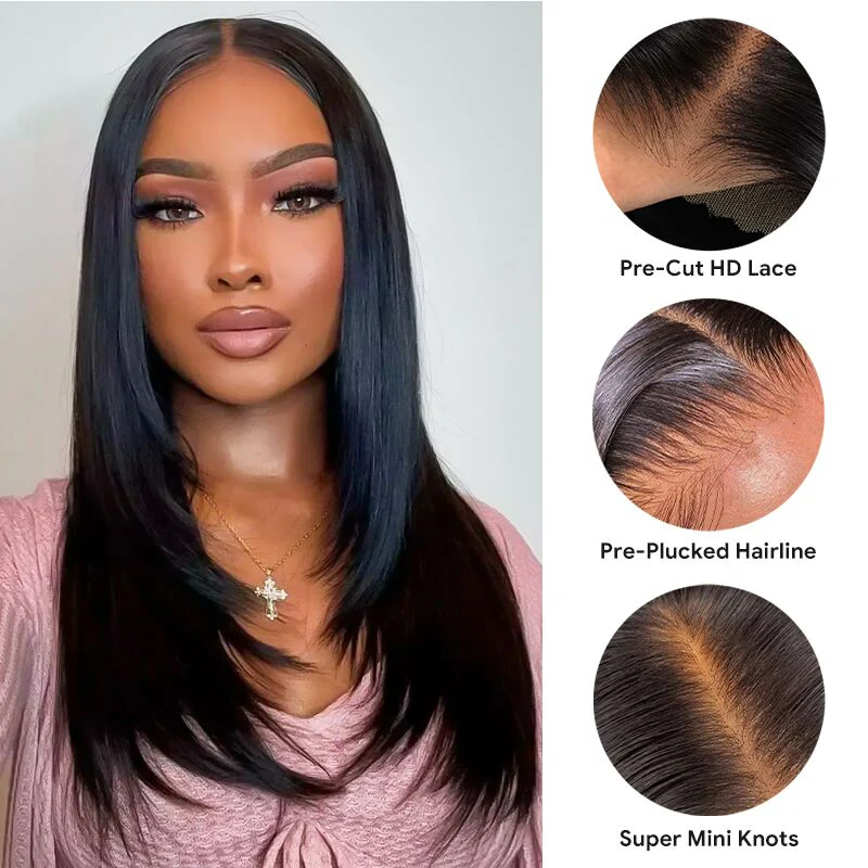 ISEE Layered Cut Wear Go Wigs Straight 4x6 Pre-cut Lace Closure 180% Density Wigs 100% Human Hair