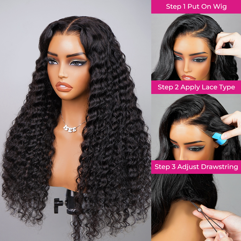 ISEE Invisi Draw-strings Deep Wave 13x6 HD Full Lace Frontal Pre-Cut Pre-Plucked Natural Hairline Wear Go Wig
