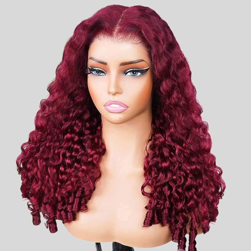 ISEE New In M-Cap 99J Burgundy Color Burmese Curly Glueless Wig Pre Cut 9x6 Lace with InvisiFit Strap Glueless Wig