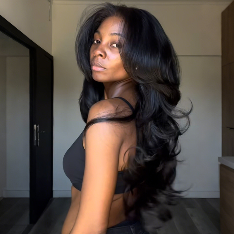 ISEE New In M-Cap Pre-Styled Butterfly Cut Layer Body Wave Natural Black Human Hair Wigs Pre Bleached Mini Knots Pre-Cut 9x6 HD Lace Wig