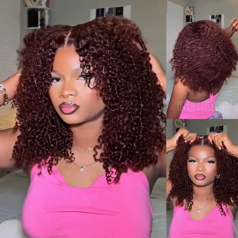 ISEE Kinky Curly Reddish Brown Glueless Wig Pre Cut Lace Wear Go Wig