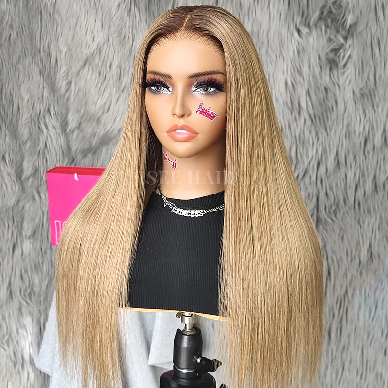 Ready To Wear Wigs Straight Honey Blonde With Brown Roots Pre-Cut 6x4 Glueless Lace Wigs