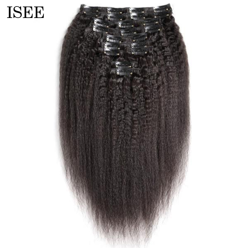 Kinky Straight Clip Ins Hair Extensions 100% Human Hair Natural Black Color ISEEHAIR