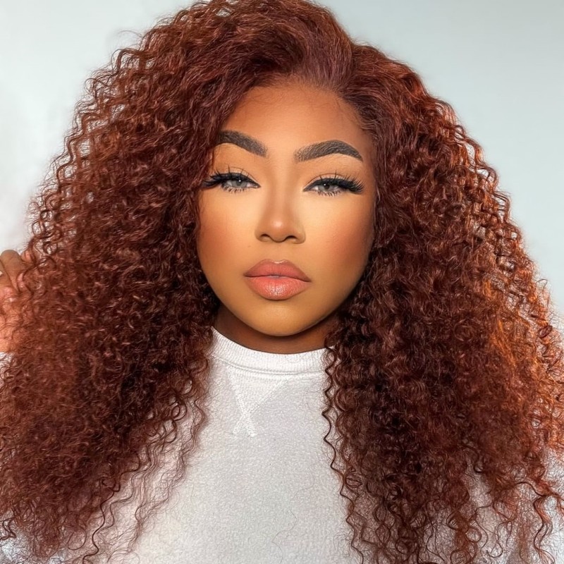 Isee Kinky Curly Reddish Brown Glueless Wig Pre Cut Lace Wear Go Wig 