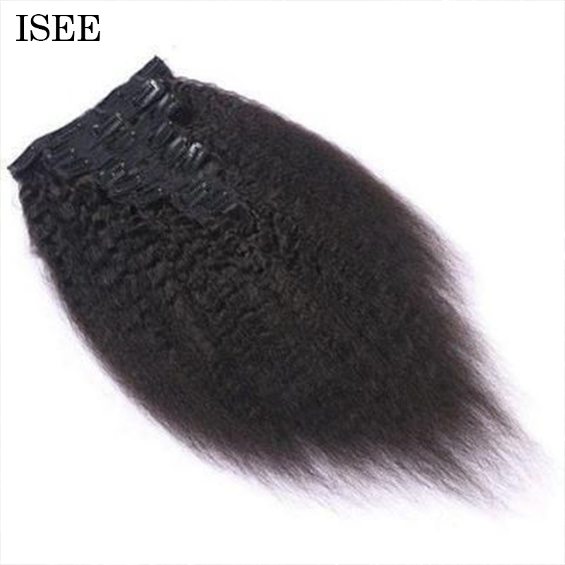 Kinky Straight Clip Ins Hair Extensions 100% Human Hair Natural Black Color ISEEHAIR