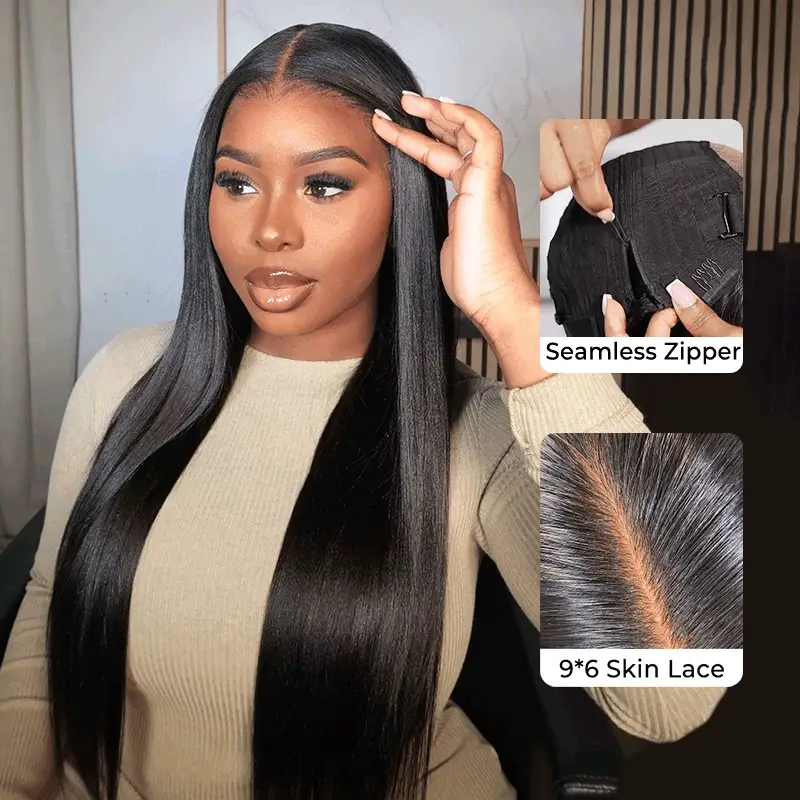 Zip and Go Zipper Wigs Silky Straight Block Wig With Optional Replaceable Tops