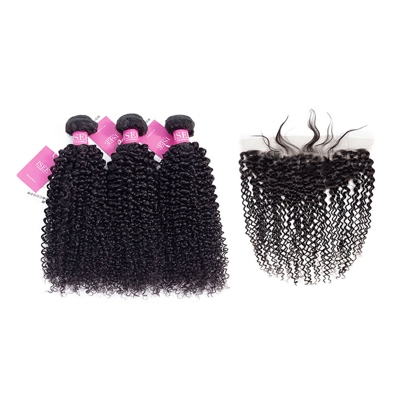ISEE HAIR Kinky Curly Bundles with Frontal 10A Grade 100% Human Virgin Hair unprocessed 