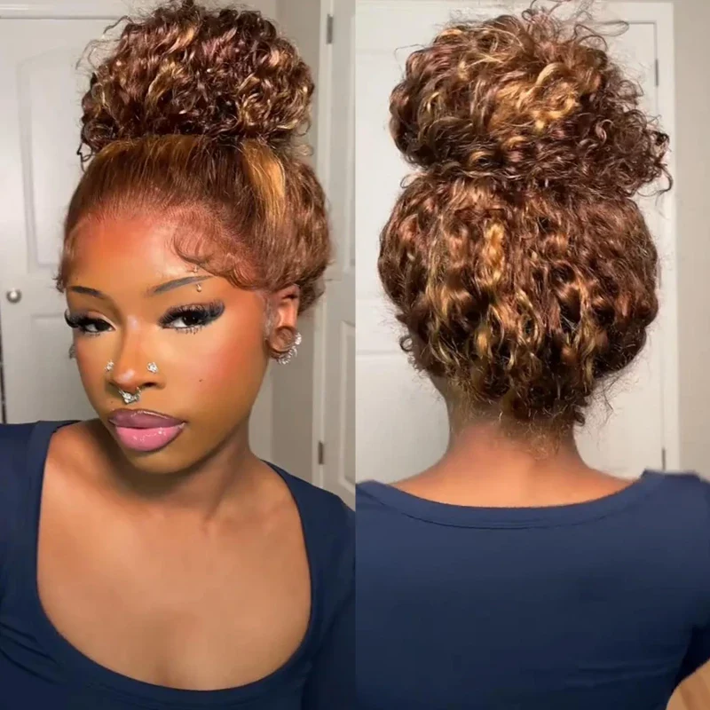 Highlight Brown Invisi Drawstring Wigs Water Wave 360 Wear Go Wig