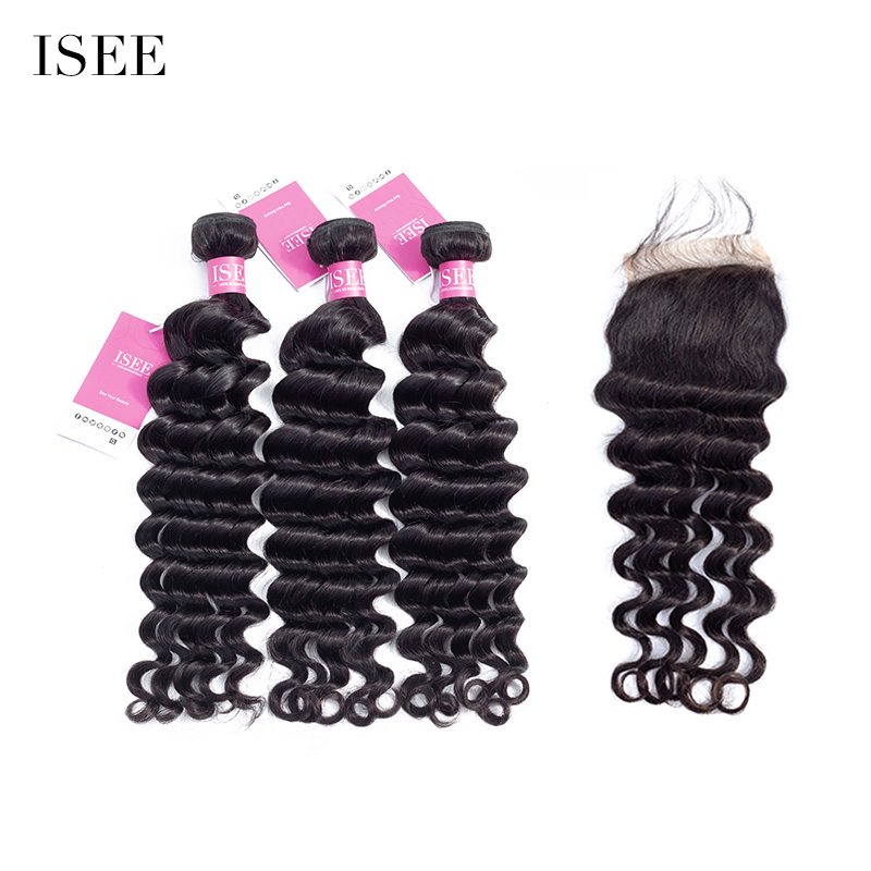 ISEE HAIR Loose Deep Bundles with Closure Deal 10A Grade 100% Human Virgin Hair 
