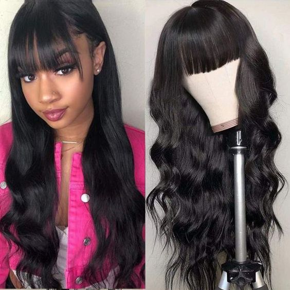 Body Wave Glueless Wig with Bangs Human Hair Machine Made Sew In Wig