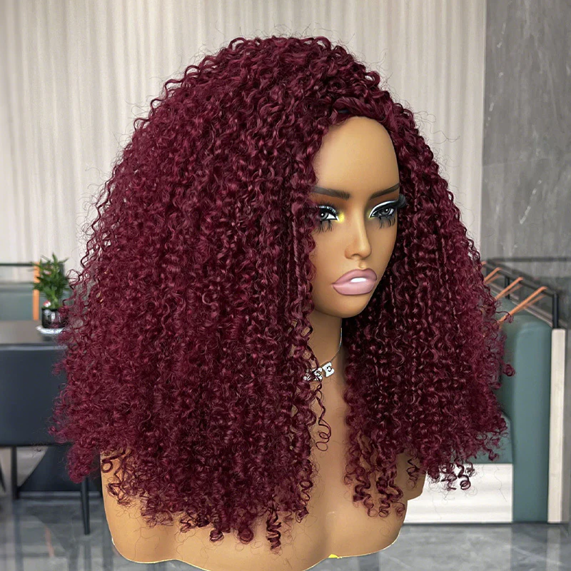 [WEAR GO HALF WIG] ISEE 99J Burgundy Color Pre-Styled Kinky Curly Half Wig InvisiFit Strap Layered Curly Wig | Pre-Sale