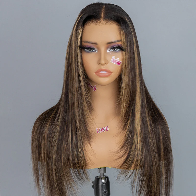 Layered Cut Brown Balayage Highlight Straight Glueless Wig