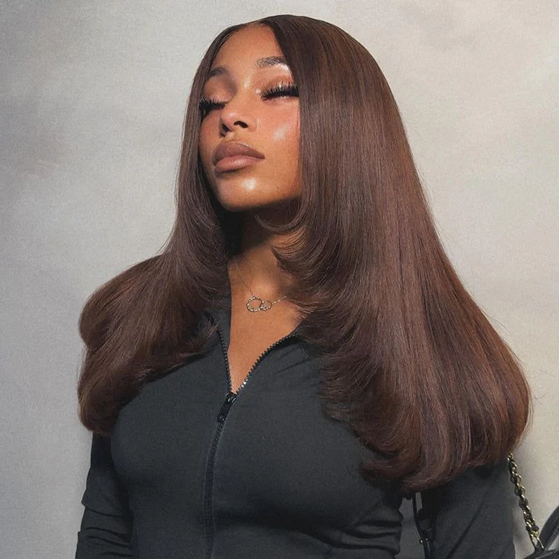 ISEE Brown Color Layered Cut Straight Wear Go Glueless Wig Pre-Cut Lace Closure Wig
