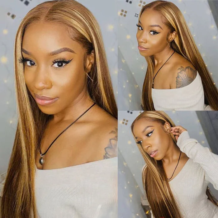 ISEE HAIR Wear Go Highlight Brown Wigs Silky Straight Pre-plucked Glueless Lace Wigs