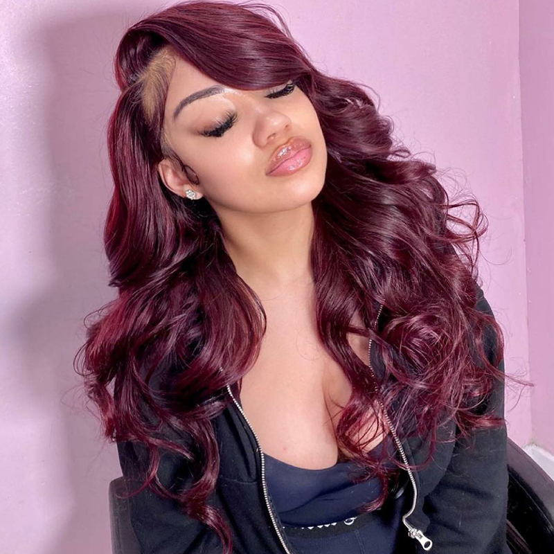 Burgundy 99J Body Wave Lace Front Wig, Red Human Hair Wig With Natural Hairline ISEE HAIR