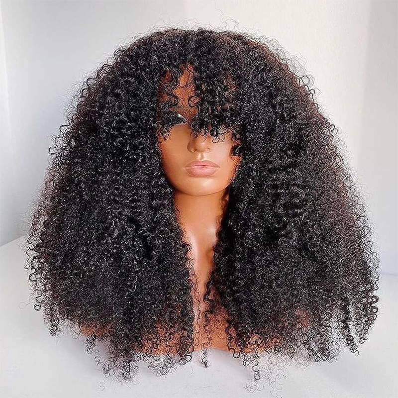 ISEE HAIR Machine Made Wig Kinky Curly Sew In Wig Human Hair Wigs with Bangs