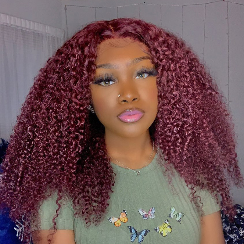 Burgundy 99J Kinky Curly 13*4 Lace Front Wig For Black Women