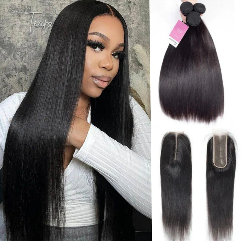 Straight Human Hair Bundles With 2x6 HD Lace Closure