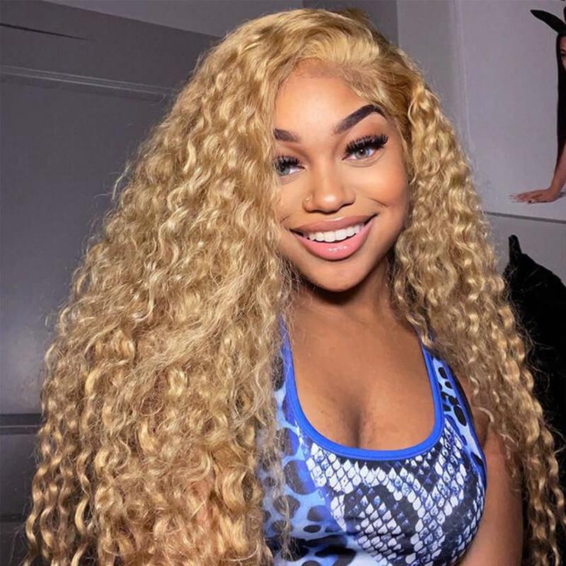 ISEE Wear Go Deep Curly Honey Blonde #27 Color Wigs Pre-Cut Glueless Lace Wig