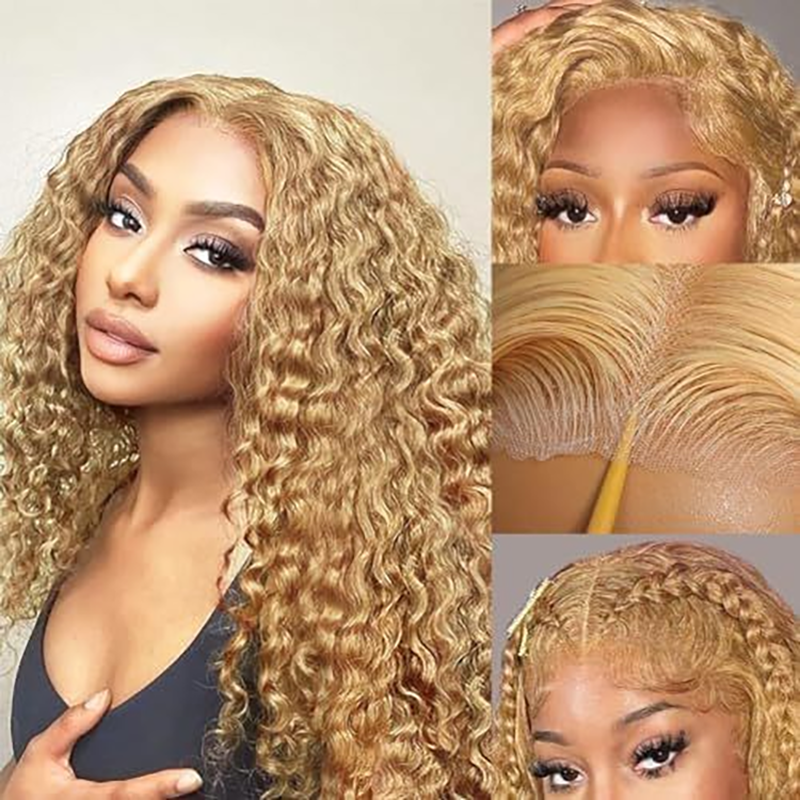 ISEE Wear Go Deep Curly Honey Blonde #27 Color Wigs Pre-Cut Glueless Lace Wig
