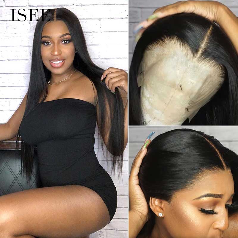ISEE HAIR Straight Hair Lace Front Wig,Pre Plucked Natural Hair Liner, 100% Human Virgin Hair Wigs
