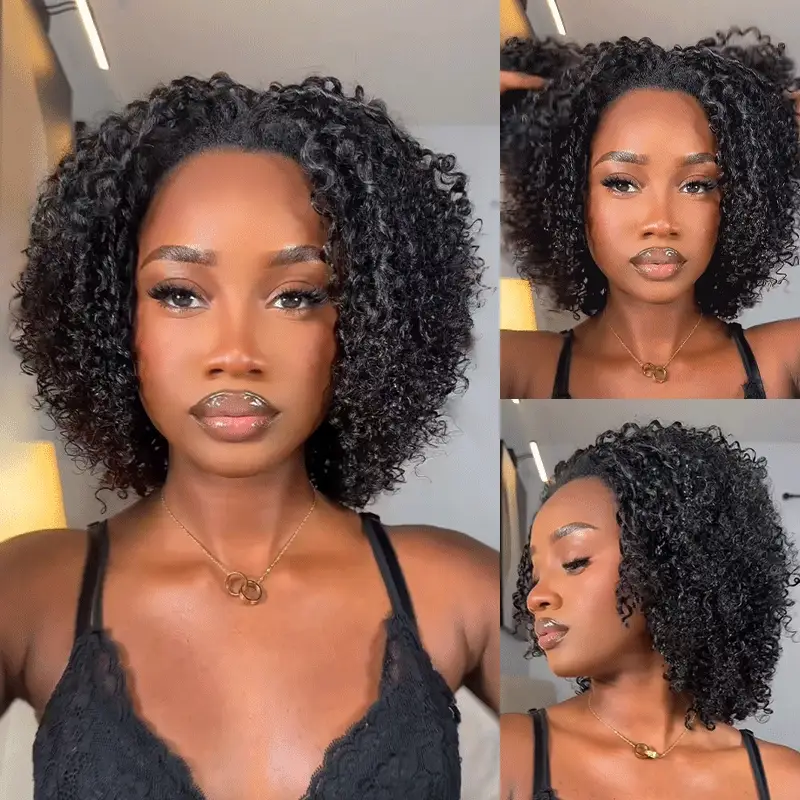 Layered Curly Bob Pre-Styled Layer Kinky Curly Invisible Hairline Half Wigs