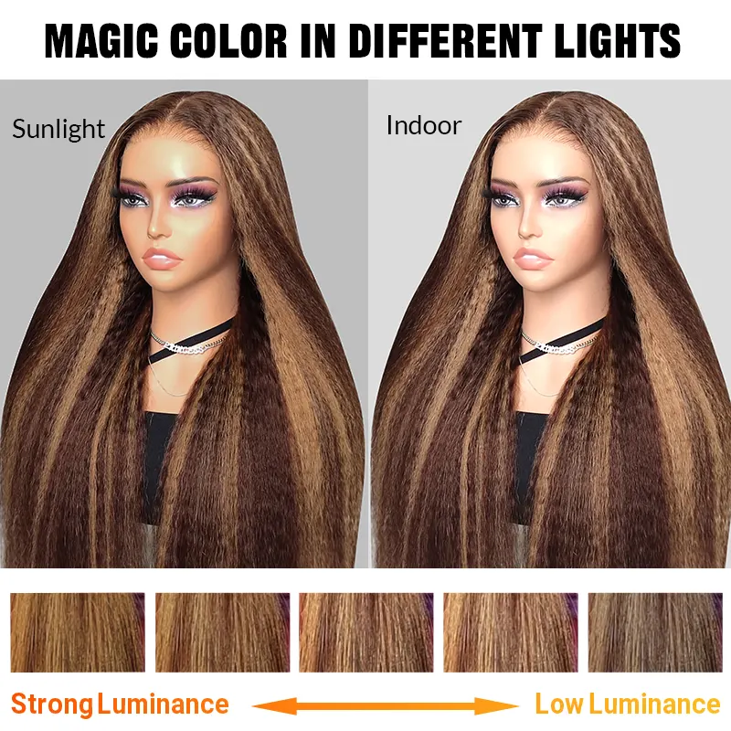 ISEE Highlight Brown Color Glueless Wig Wear Go Kinky Straight Preplucked Transparent Lace Closure Wig