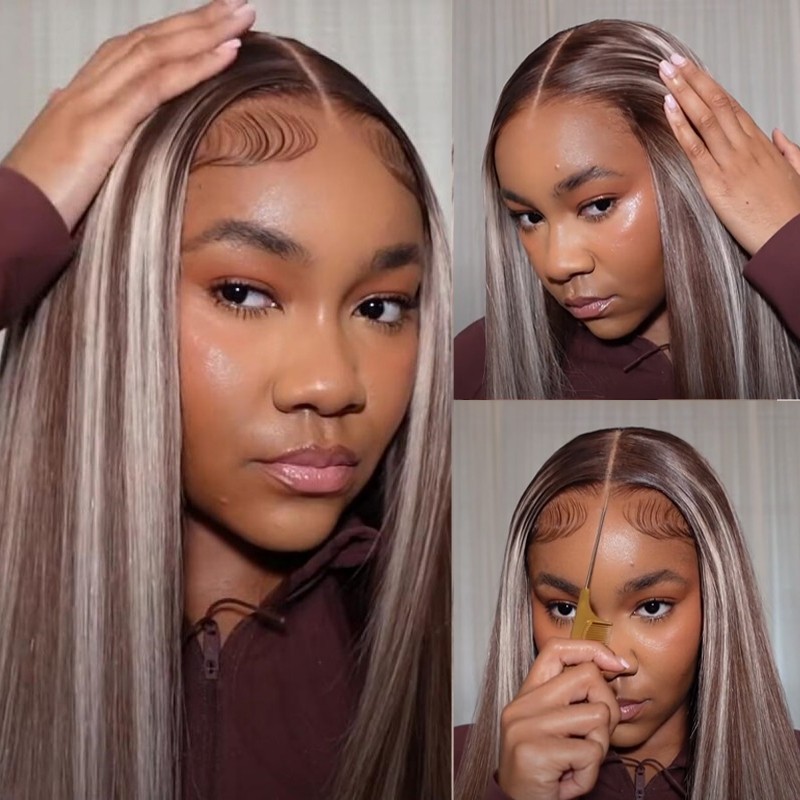 ISEE HAIR Wear Go Ash Blonde Highlight Straight Glueless Lace Wig