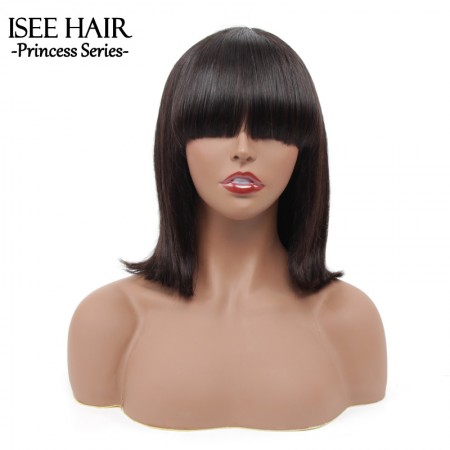 Machine Made Glueless Sew In Bob Wig with Bangs, Short Human Hair Silky Straight Wigs 