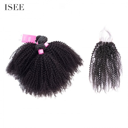 ISEE HAIR Afro Curly Bundles with Closure 10A Grade 100% Human Virgin Hair