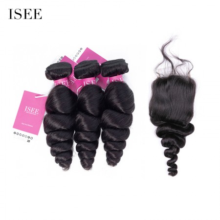 ISEE HAIR Loose Wave Bundles with Closure Deal 10A Grade 100% Human Virgin Hair 