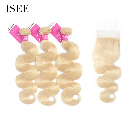 ISEE HAIR 613 Blonde Human Virgin Hair body wave Closure with 3 or 4 Bundles per pack