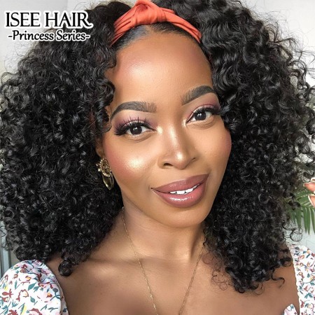 ISEE HAIR Kinky Curly Headband Wig 180% Density Human Hair Glueless Wig