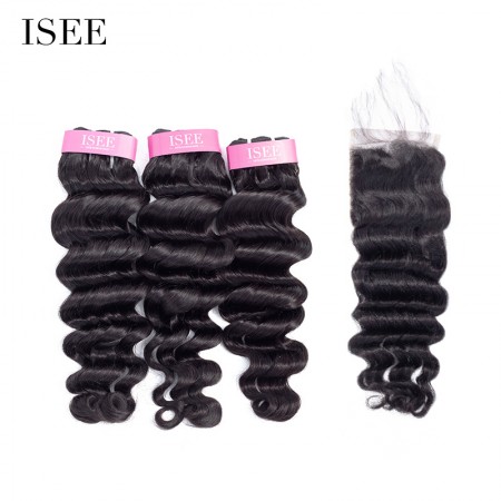 ISEE HAIR Hollywood Wave Bundles with Closure Deal 10A Grade 100% Human Virgin Hair 