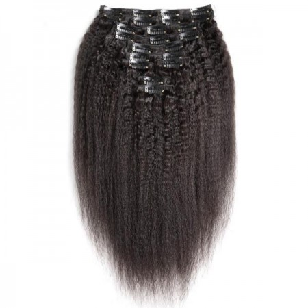 Kinky Straight Clip Ins Hair Extensions 100% Human Hair Natural Black Color ISEEHAIR 