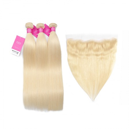 ISEE HAIR 613 Blonde Human Virgin Hair Straight Frontal with 3 or 4 Bundles Per Pack